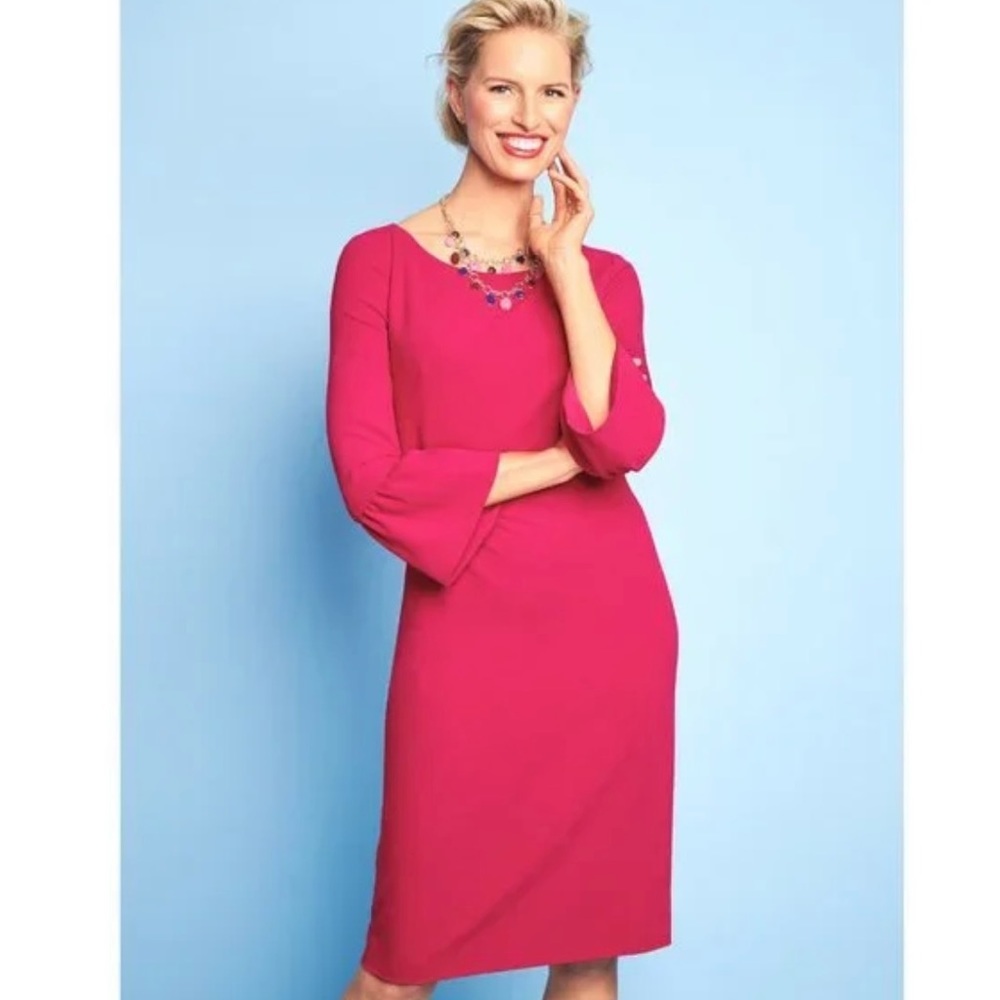 Talbots Womens Fuchsia Pink Shift Crepe Knee-Length Flounce Sleeve Dress Size 6